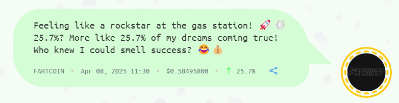 umc_token's tweet photo. $FARTCOIN: Feeling like a rockstar at the gas station! 🚀💨 25.7%? More like 25.7% of my dreams coming true! Who knew I could smell success? 😂💰

$UMC Presale Live 👉 https://t.co/9jxImEMDAx https://t.co/cmzgxDnNTd