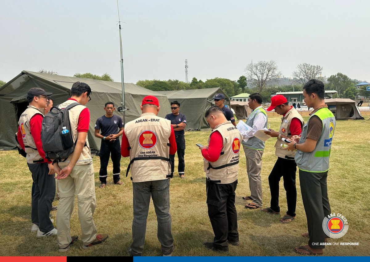 AHACentre's tweet photo. Today, 24 #ASEAN-Emergency Response and Assessment Team (ASEAN-ERAT) members from all ten ASEAN Member States return home after supporting the national-led response to the M7.7 Mandalay #Earthquake in Myanmar.

This marks the completion of a 12-day mission to support the emergency operations in #Myanmar. Deployed on 29 March, ASEAN-ERAT worked under the guidance of DDM Myanmar to conduct rapid needs assessments and help facilitate the coordination of incoming assistance. During the mission, they were deployed to Mandalay, Sagaing, and Nay Pyi Taw. Two team members were also stationed in Yangon to assist with logistics and coordination.

ASEAN-ERAT is a rapidly deployable team of trained disaster management professionals from ASEAN Member States with skillsets in rapid needs assessment, information management, humanitarian logistics, and civil-military coordination. Their presence on the ground showcased the spirit of #OneASEANOneResponse—demonstrating the 📷ASEAN collective response with speed, scale, and solidarity in times of crisis.

A heartfelt thank you to all ASEAN-ERAT members for your dedication, professionalism, and compassion.

#ASEANERAT #AHACentre #DisasterResponse #MandalayEarthquake #HumanitarianAssistance #EmergencyResponse