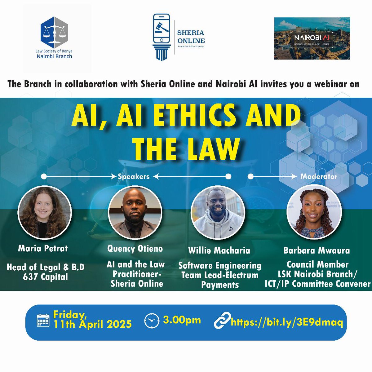 lsk_nbi's tweet photo. The Branch in Collaboration with Sheria Online and Nairobi AI invites you to webinar on the nexus between Artificial Intelligence, Artificial Intelligence Ethics and the Law.

The Webinar will take place on Friday, 11th April 2025 from 3.00pm to 4.30pm.

To join, please click here: https://t.co/MJVBRFbvqx