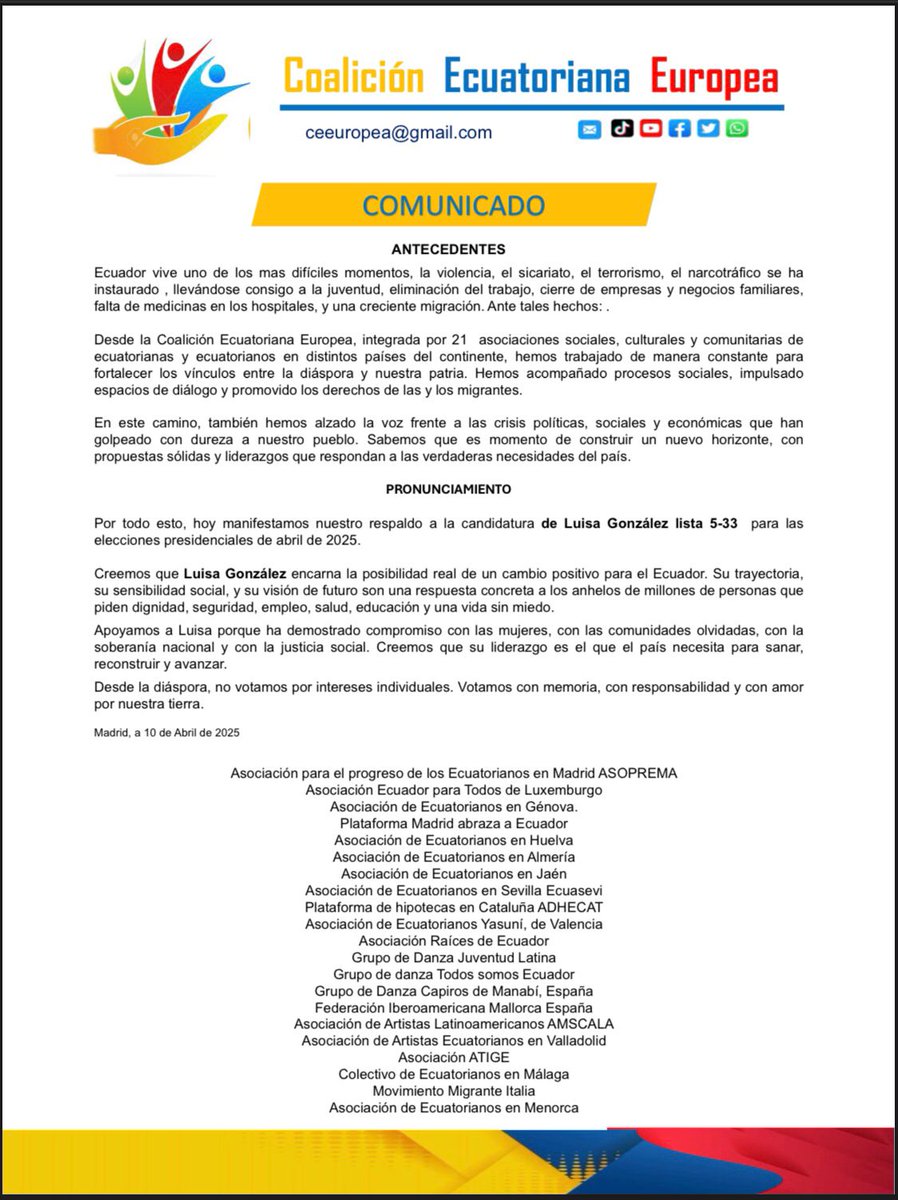 CEEuropea's tweet photo. 📌COMUNICADO OFICIAL
@CEEuropea

Nuestro PRONUNCIAMIENTO frente a las elecciones es con conciencia social. 
@EderQuezadaM https://t.co/JlM9nhmLHB