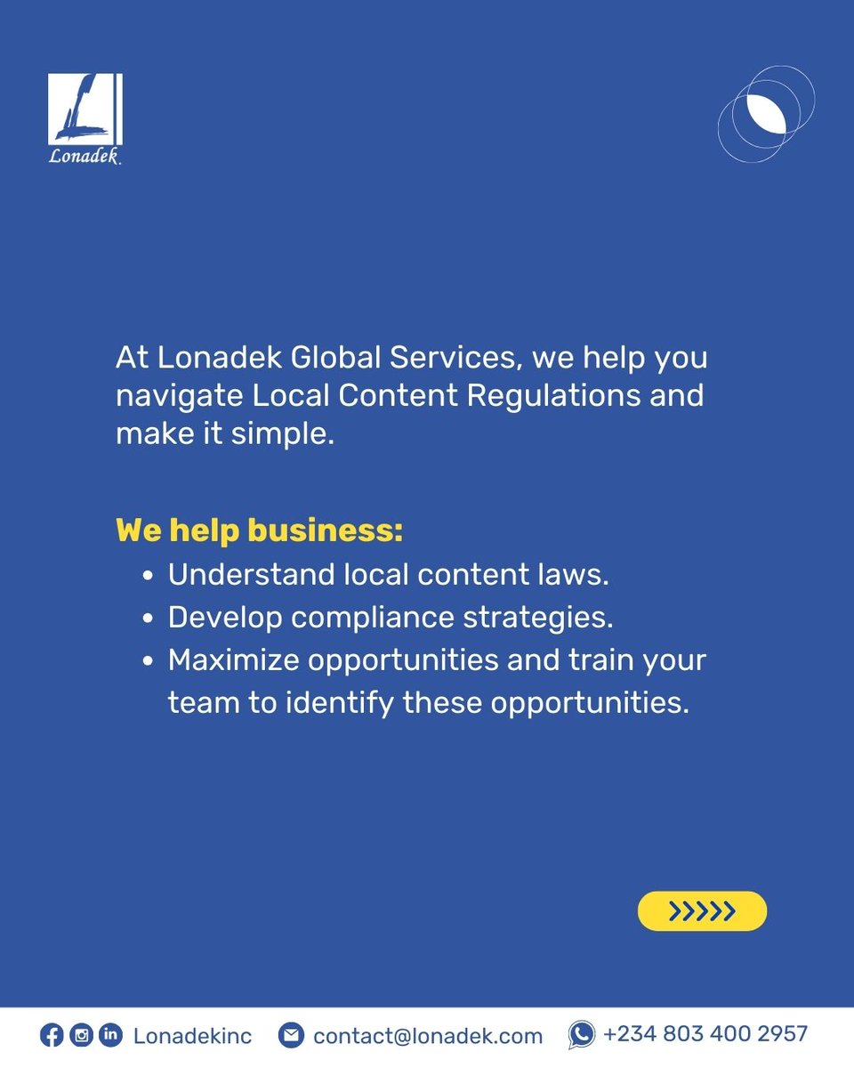 LonadekInc's tweet photo. When companies invest in local talent and suppliers, they strengthen economies and create opportunities.

Need Local Content Advisory services? 
Want to train your team to maximize Local Content Opportunities? 

Reach out to us today.

#LocalContentAdvisory #BusinessCompliance https://t.co/RVvK9CO4M8