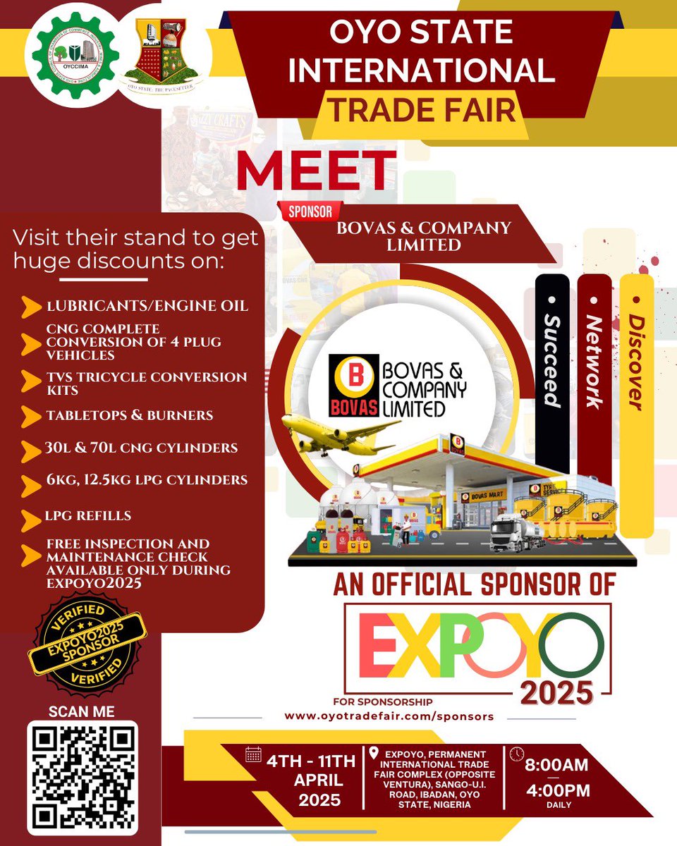 whatsupibadan's tweet photo. Meet the sponsors of the ongoing Oyo State International Trade Fair Expo 2025!
4th -11th April
8AM 
Expo Grounds, Permanent Trade Fair Complex, Opposite Ventura, Ibadan.
Entry is free, but spots are limited — pre-register now https://t.co/HQWmSdlQJA
#OyoTradeFair2025 #Expoyo2025 https://t.co/lZmWKYuF3Z