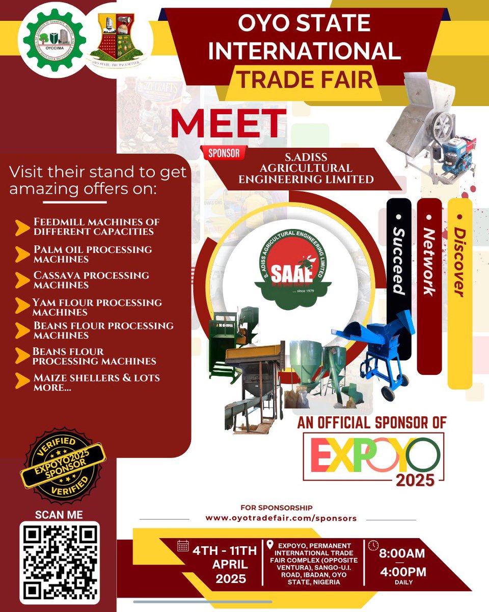whatsupibadan's tweet photo. Meet the sponsors of the ongoing Oyo State International Trade Fair Expo 2025!
4th -11th April
8AM 
Expo Grounds, Permanent Trade Fair Complex, Opposite Ventura, Ibadan.
Entry is free, but spots are limited — pre-register now https://t.co/HQWmSdlQJA
#OyoTradeFair2025 #Expoyo2025 https://t.co/lZmWKYuF3Z