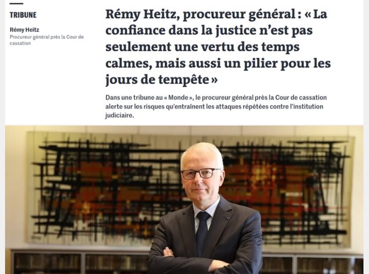 🎙Le procureur général près la Cour de cassation <a href="/Remy_Heitz_PG/">Rémy Heitz</a> publie une tribune dans <a href="/lemondefr/">Le Monde</a> : "La confiance dans la justice n’est pas seulement une vertu des temps calmes, mais aussi un pilier pour les jours de tempête"
📲 tribune à lire sur &gt; lemonde.fr/idees/article/…