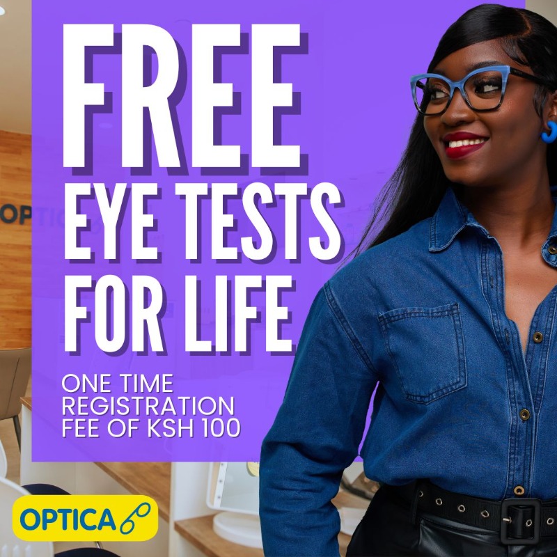 OpticaKenya's tweet photo. With only a one time registration fee of Ksh 100/- you will get free eye tests for life at any Optica branch countrywide.