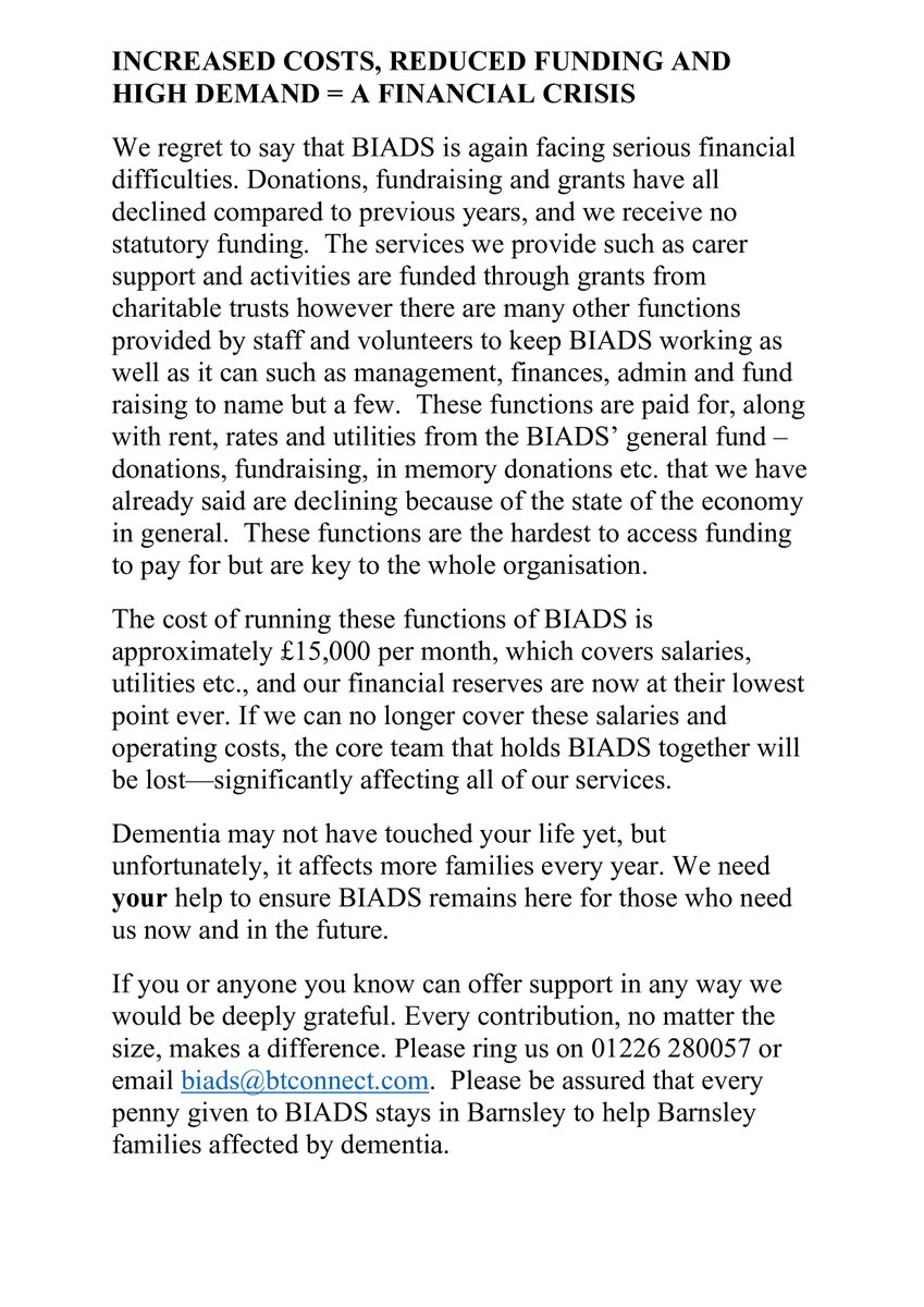Financial Crisis hitting BIADS - could you help support your local Dementia Charity in Barnsley?