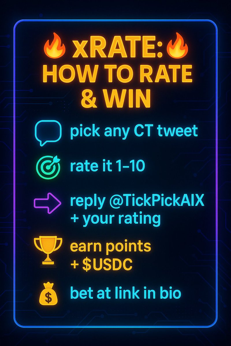 TickPickAIX's tweet photo. 🔥 xRATE: HOW TO RATE &amp; WIN 🔥

💬 pick any CT tweet
🎯 rate it 1–10
👉 reply @TickPickAIX + your rating

🏆 earn points + $usdc

💰 bet at link in bio

#xRATE #TP https://t.co/VNqtBJ1iCA