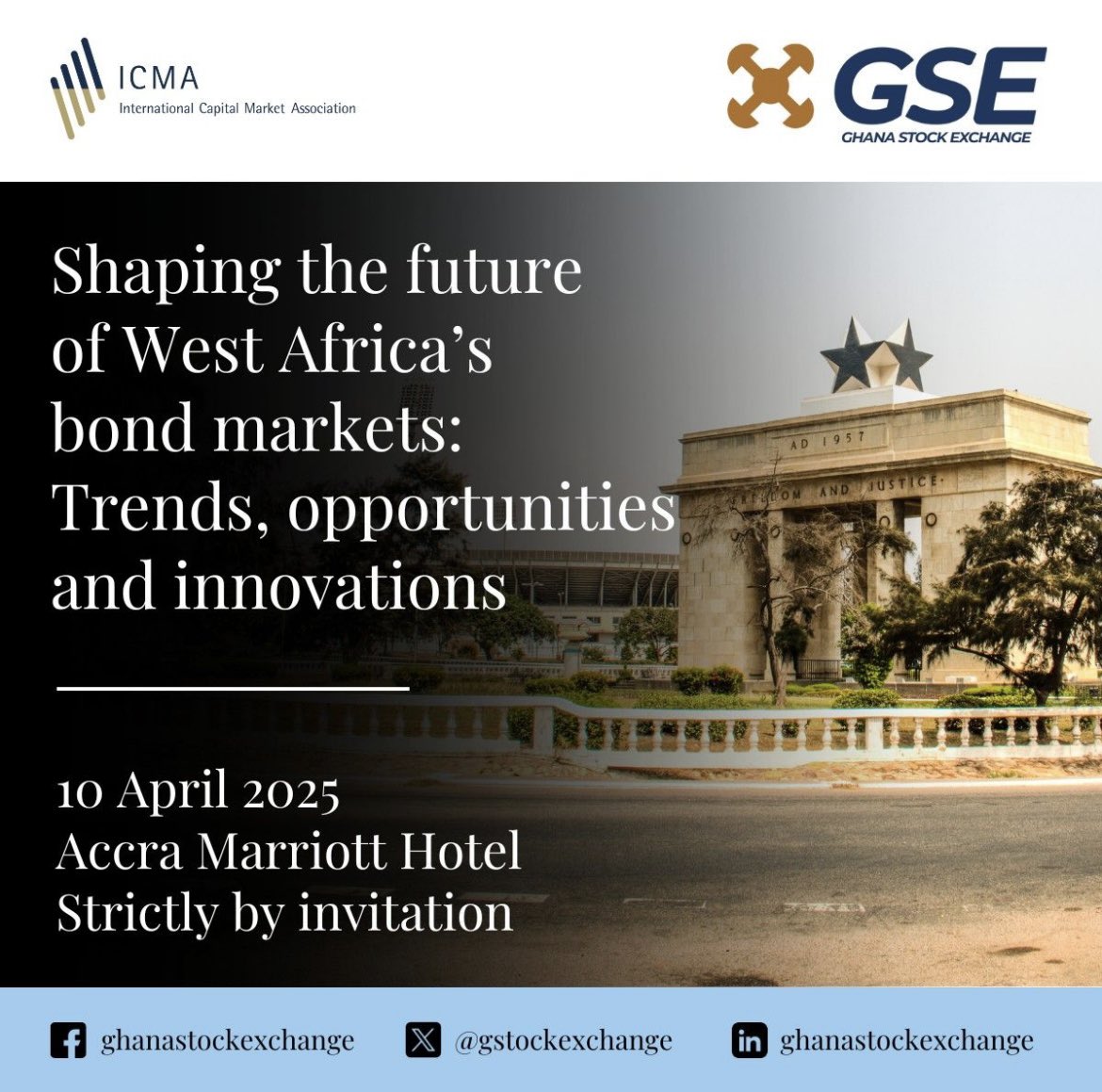 gstockexchange's tweet image. Happening Today!
GSE &amp;amp; ICMA host a high-level forum on shaping West Africa’s bond markets — trends, opportunities &amp;amp; innovations.

Join virtually: lnkd.in/djuQq8an

#GSEEvents #BondMarkets #ICMA #WestAfricaFinance