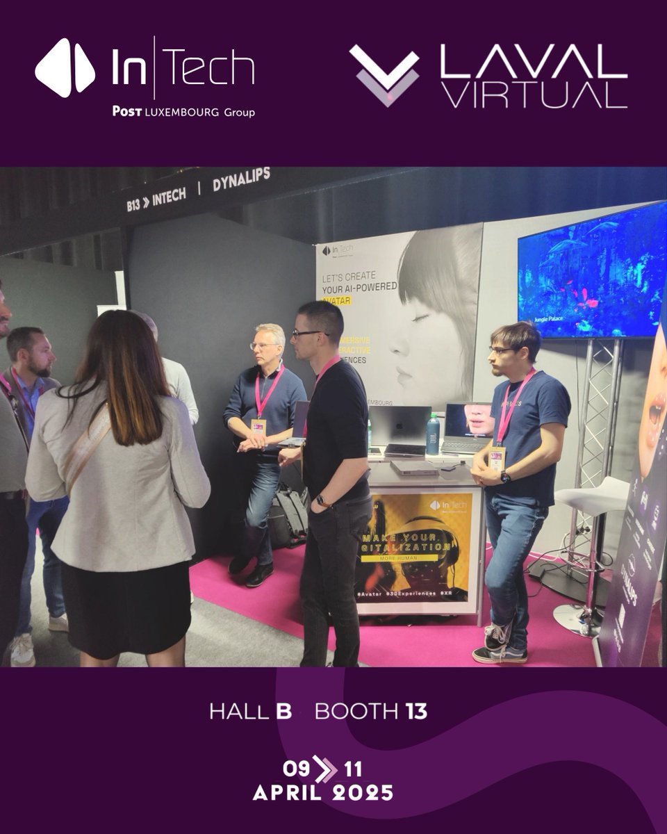 intech_lux's tweet photo. 📢 @lavalvirtual , jour 2 !
Merci pour votre enthousiasme hier 🙌
📍 Retrouvez @intech_lux jusqu’au 11 avril – Hall B, Stand 13.
💬 Échangez avec notre #avatar Julia 🤖, testez une expérience en #VR et découvrez nos démos avec @dynalips !
#LavalVirtual #Innovation #Luxembourg https://t.co/LPnl81S26P