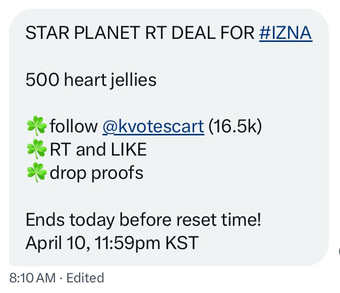 STAR PLANET RT DEAL FOR #IZNA
 
500 heart jellies

☘️follow <a href="/kvotescart/">kvotescart</a> (16.5k)
☘️RT and LIKE
☘️drop proofs

Ends today before reset time!
April 10, 11:59pm KST