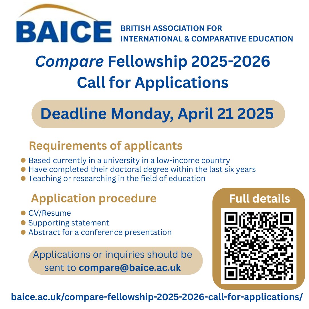 The British Association for International &amp; Comparative Education (BAICE) is calling for applications for the Compare Fellowship. Compare publishes top articles on global education. 
Full details at
baice.ac.uk/compare-fellow…