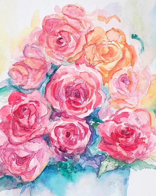 昨日のラクガキ、花びらといったディテールでなく明暗を表す塗りで薔薇ってわかる絵にしたかったけど薔薇の花びらの形といったディテールに囚われてしまった 明暗だけでバラを描きたいと思ったらから鉛筆で下書きはせず水彩1発描きしたけど細筆で花びらの輪郭描いちゃってるやん、という