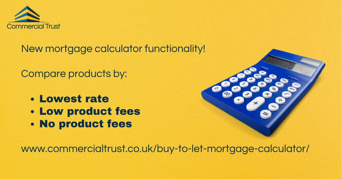 📱 We have updated our FREE buy to let mortgage calculators!

🔎 Now you can search for NO PRODUCT FEE and LOW PRODUCT FEE products.

💡You can filter to standard buy to let, limited company, holiday lets or HMOs!

commercialtrust.co.uk/buy-to-let-mor…