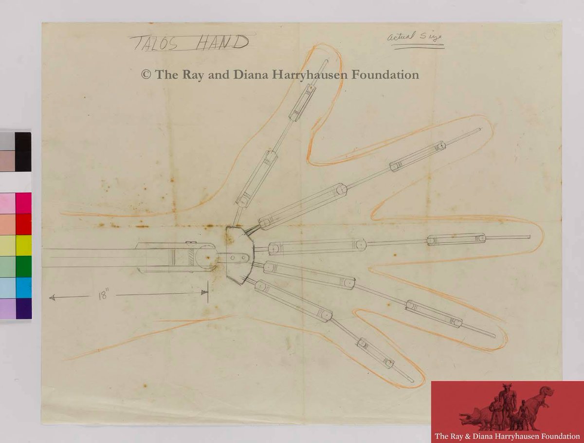 Armature sketch of Talos’ hand, from ‘Jason and the Argonauts’ (1963).

The resulting 10” model was used to reach through the rock-arch on the beach during one of fantasy cinema’s most epic sequences. As was usually the case for Ray’s early films, this sketch was sent to his