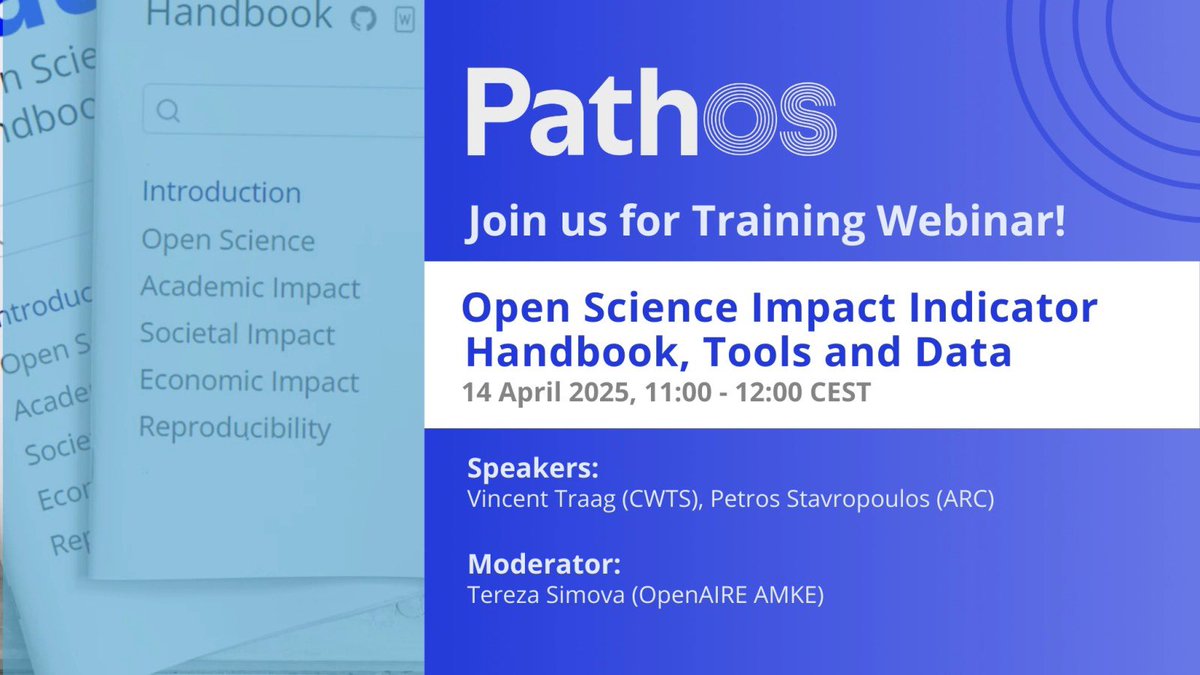 Just a few days left! Join us for the #PathOS Training Session on: Open Science Impact Indicator Handbook, Tools &amp; Data.

When: Apr 14, 2025 |  11:00 CEST

Vincent Traag (CWTS) &amp; Petros Stavropoulos (ARC)

-Register now: shorturl.at/xmJrL