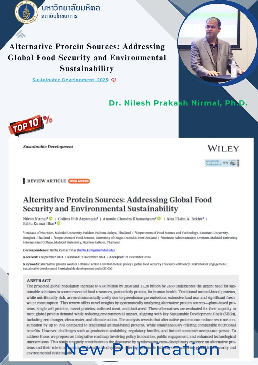 📌New Publication
"Alternative Protein Sources: Addressing Global Food Security and Environmental Sustainability"
** Dr.Nilesh Prakash Nirmal **
Read Paper : onlinelibrary.wiley.com/doi/10.1002/sd…