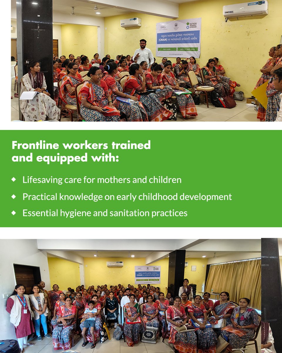 AAH_India's tweet photo. Empowered frontline workers pave the way for healthier futures! In Sanand, Gujarat, we trained them in maternal & child health, nutrition, and WASH to build stronger communities.
#ActionAgainstHunger #FrontlineHeroes #BetterFutures https://t.co/0wMq3lpMDy