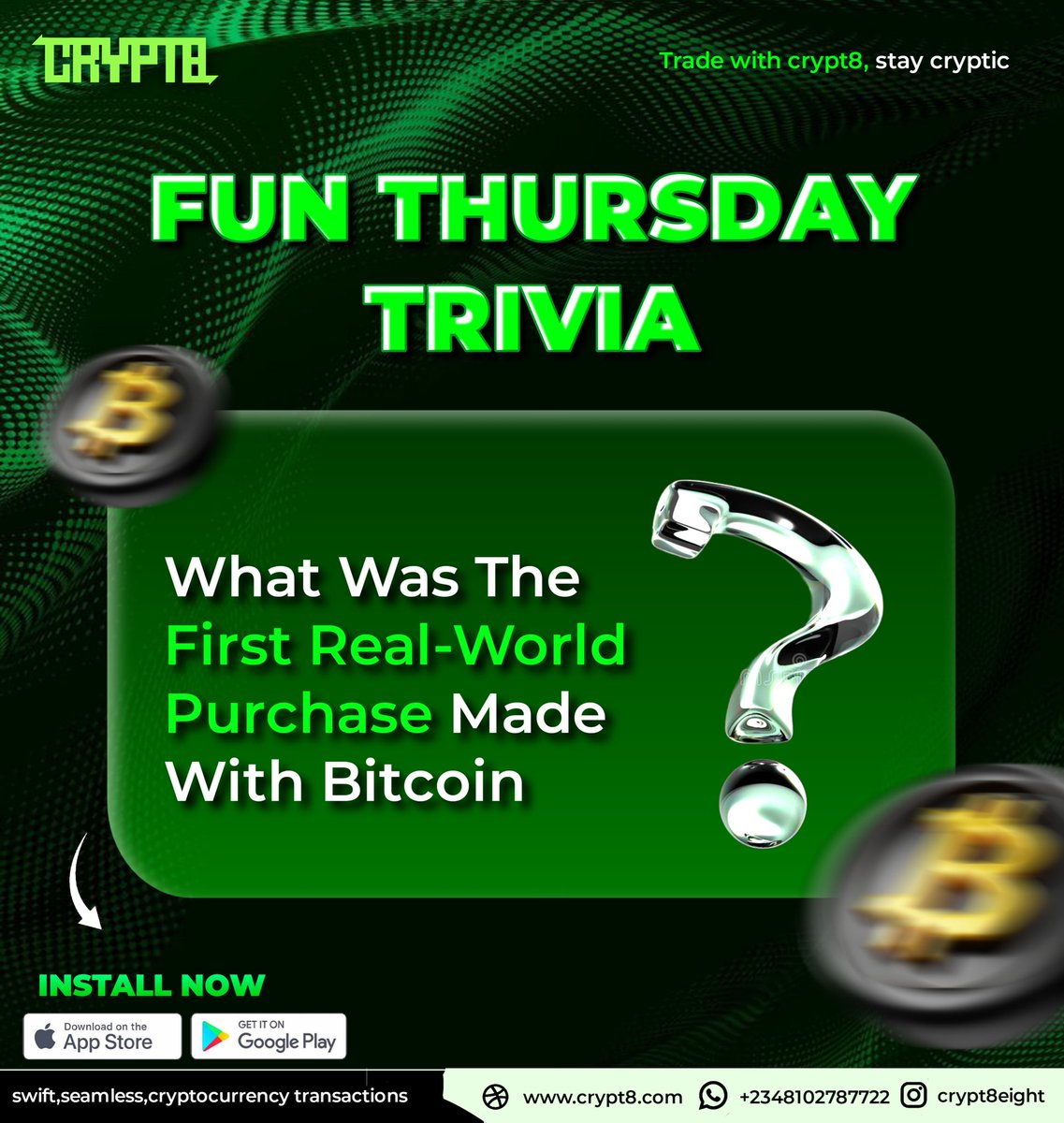 Crypt8eight's tweet image. Crypto lovers, do you know?

Drop your answer in the comments! 
#CryptoTrivia #BitcoinFacts #WiseInvesting