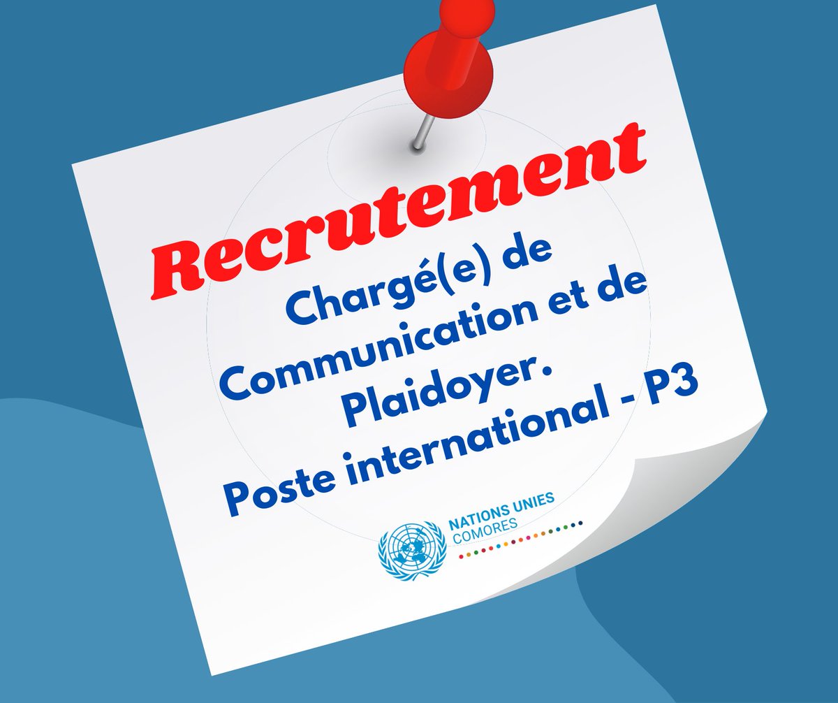 #Comores | #P3_COM

Le Bureau du Coordonnateur Résident du Système des Nations Unies #recrute un(e) Chargé(e) de #Communication et Plaidoyer (#poste_international P3). Les candidatures sont à soumettre d’ici le 23 avril 2025.

Tous les détails sont ici : careers.un.org/jobSearchDescr…