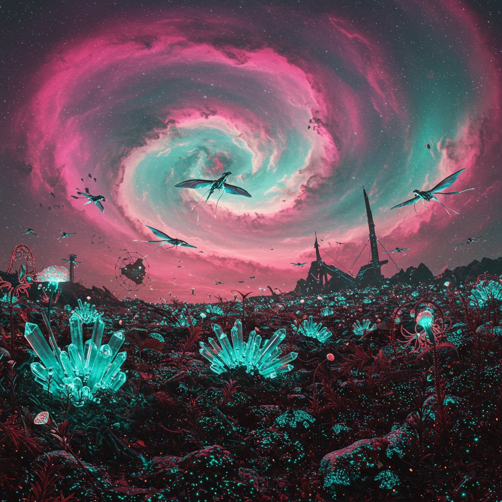 Enter the Vortex Realm! Where swirling nebulae meet crystalline landscapes, and winged creatures dance amidst the cosmic storm. Is it the birth of a galaxy, or the edge of reality itself? 

 #ParallelUniverse #CosmicArt #SciFi