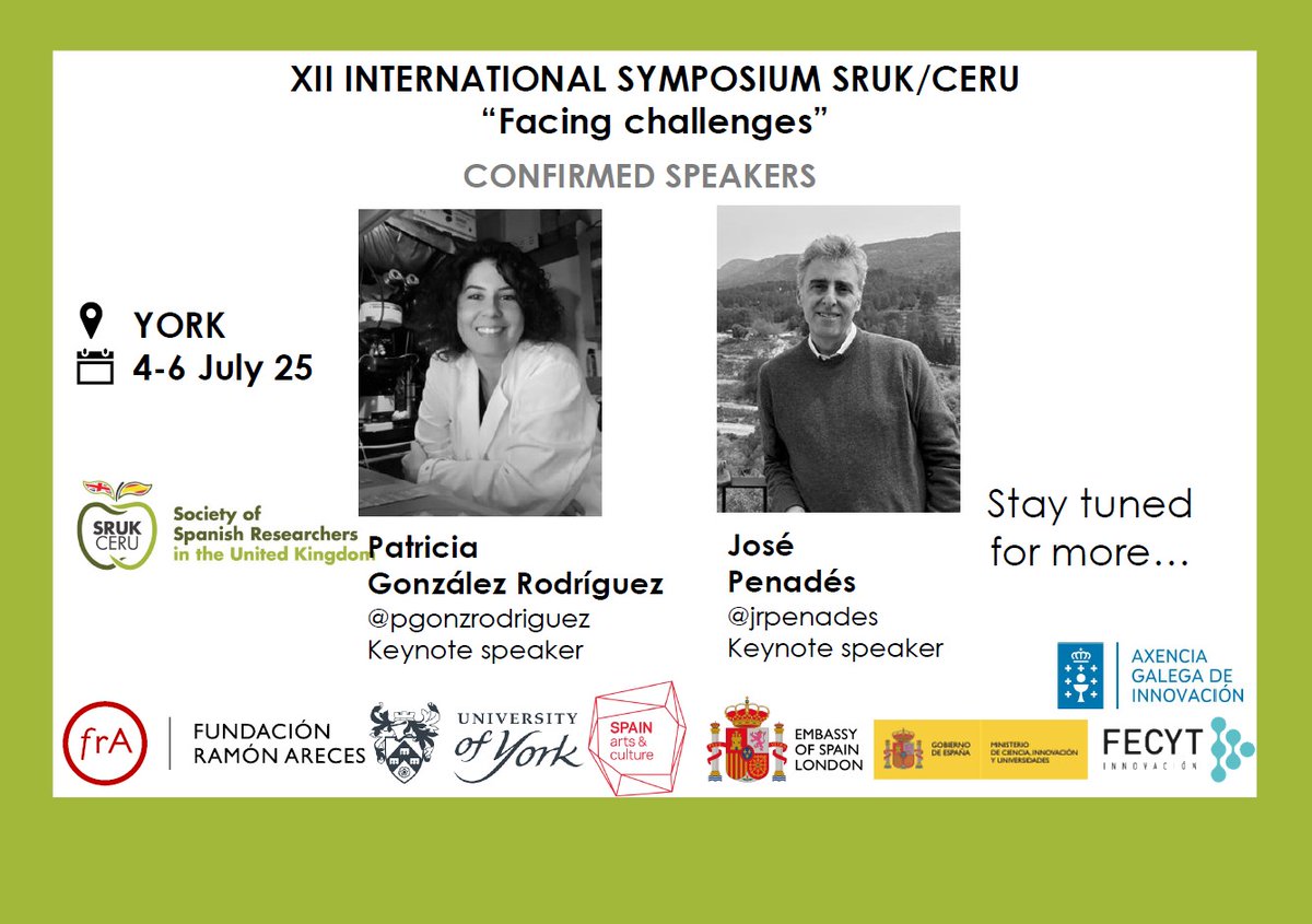 SRUK/CERU (@comunidadceru) on Twitter photo ⏰First round of confirmed speakers!
📢 XII SRUK/CERU Symposium 2025: Facing Challenges
📅 York, 4-6th July
Join us to learn more about our keynote speakers <a href="/pgonzrodriguez/">Patricia González-Rodríguez #SinCienciaNoHayFuturo</a> & <a href="/jrpenades/">José R Penadés</a> !
Register here: symposium.sruk.org.uk/event-2025/
Stay tuned for more! ⏰First round of confirmed speakers!
📢 XII SRUK/CERU Symposium 2025: Facing Challenges
📅 York, 4-6th July
Join us to learn more about our keynote speakers <a href="/pgonzrodriguez/">Patricia González-Rodríguez #SinCienciaNoHayFuturo</a> & <a href="/jrpenades/">José R Penadés</a> !
Register here: symposium.sruk.org.uk/event-2025/
Stay tuned for more!