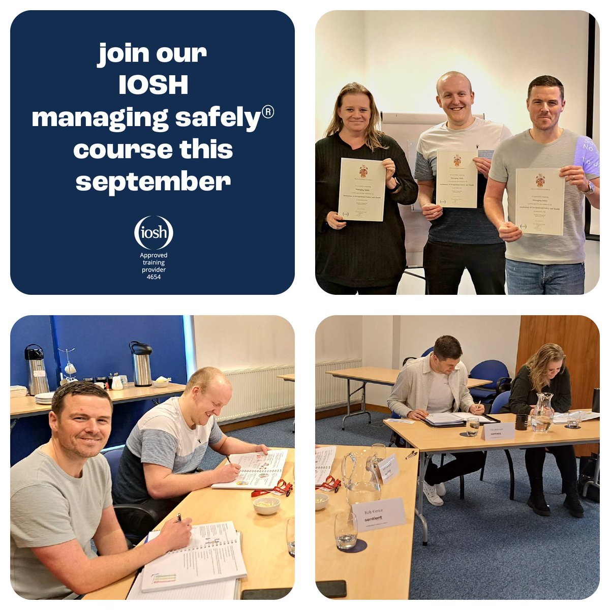 SentientUk's tweet photo. Our latest cohort of delegates passed their IOSH Managing Safely course with flying colours thanks to the expert training from our team!

Learn more about why the course should be an essential part of your team's learning &amp; book our in-person training👇

https://t.co/SKJhpQY6OH https://t.co/1BxddjdRM8