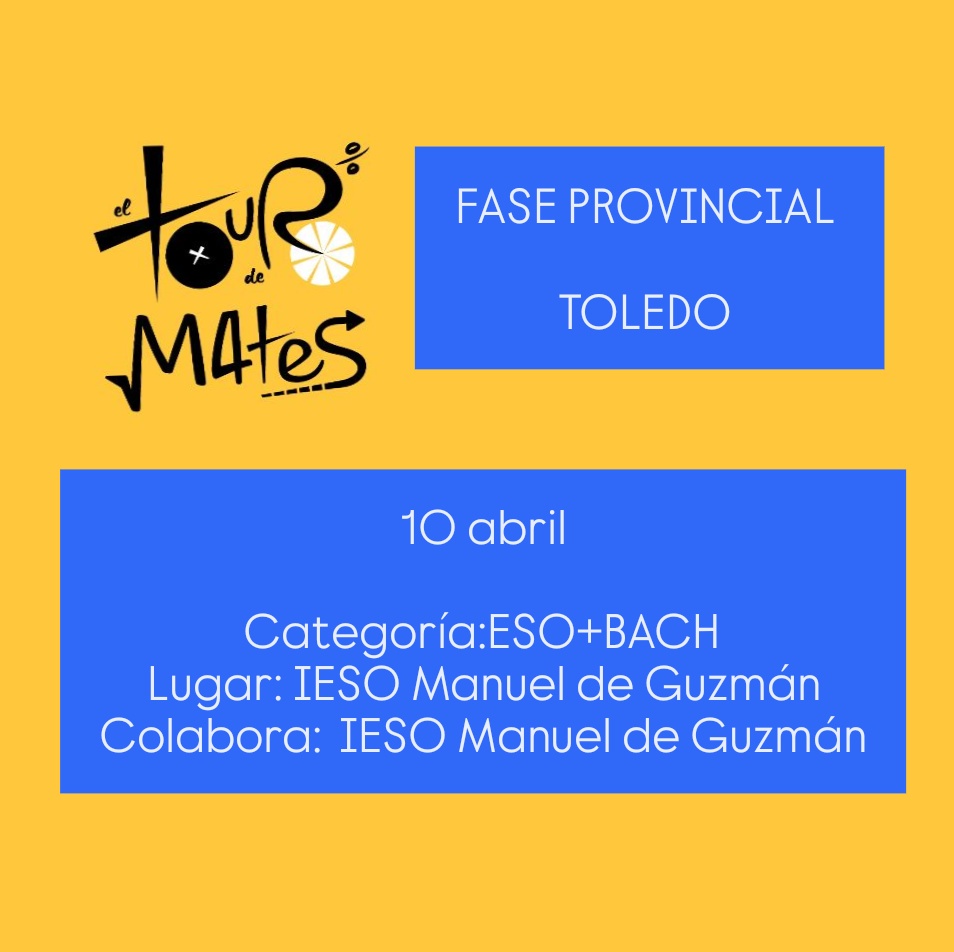 FASE PROVINCIAL TOLEDO 

Hoy 10 de abril también se celebra en Toledo la fase provincial.
Será en IESO Manuel de Guzmán.

Muchas suerte a todos.

🚴🏻‍♀️🚲🚴🏻🚲🚴🏻‍♂️

#elTourdeMates #cálculomental #calculandoqueesgerundio