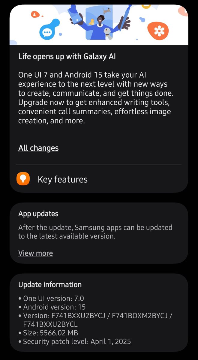 TechActivist666's tweet photo. Samsung Galaxy Z Flip 6 gets Android 15 based OneUI 7.0 Stable Update 

🔥Available : Hungary 🇭🇺 🇭🇺 🇭🇺

• OneUI Version : 7.0
• Android Version : 15
• Version : F741BXXU2BYCJ
• Size : 5566.02 MB
• SPL : 1 April 2025

#OneUI7 #Android15
#Flip6 #SAMSUNG
#GalaxyZflip6 https://t.co/RNyLpJm1CQ