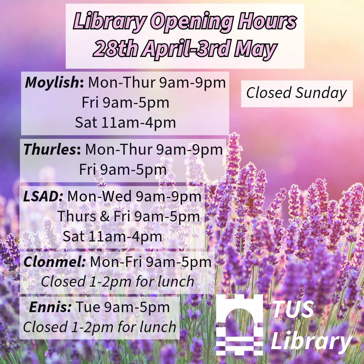TUS_LibraryMW's tweet image. Opening hours for the week- good luck with exams everyone!
#tuslibraries #openinghours #studytime #goodluckwithexams