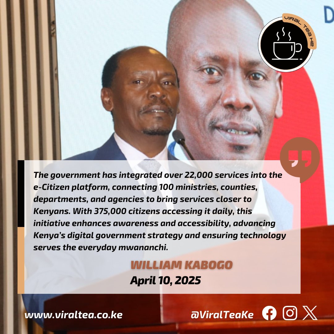 ViralTeaKe's tweet image. The government has integrated over 22,000 services into the e-Citizen platform, connecting 100 ministries, counties, departments, and agencies to bring services closer to Kenyans- William Kabogo
#DigitalAccessProgramme