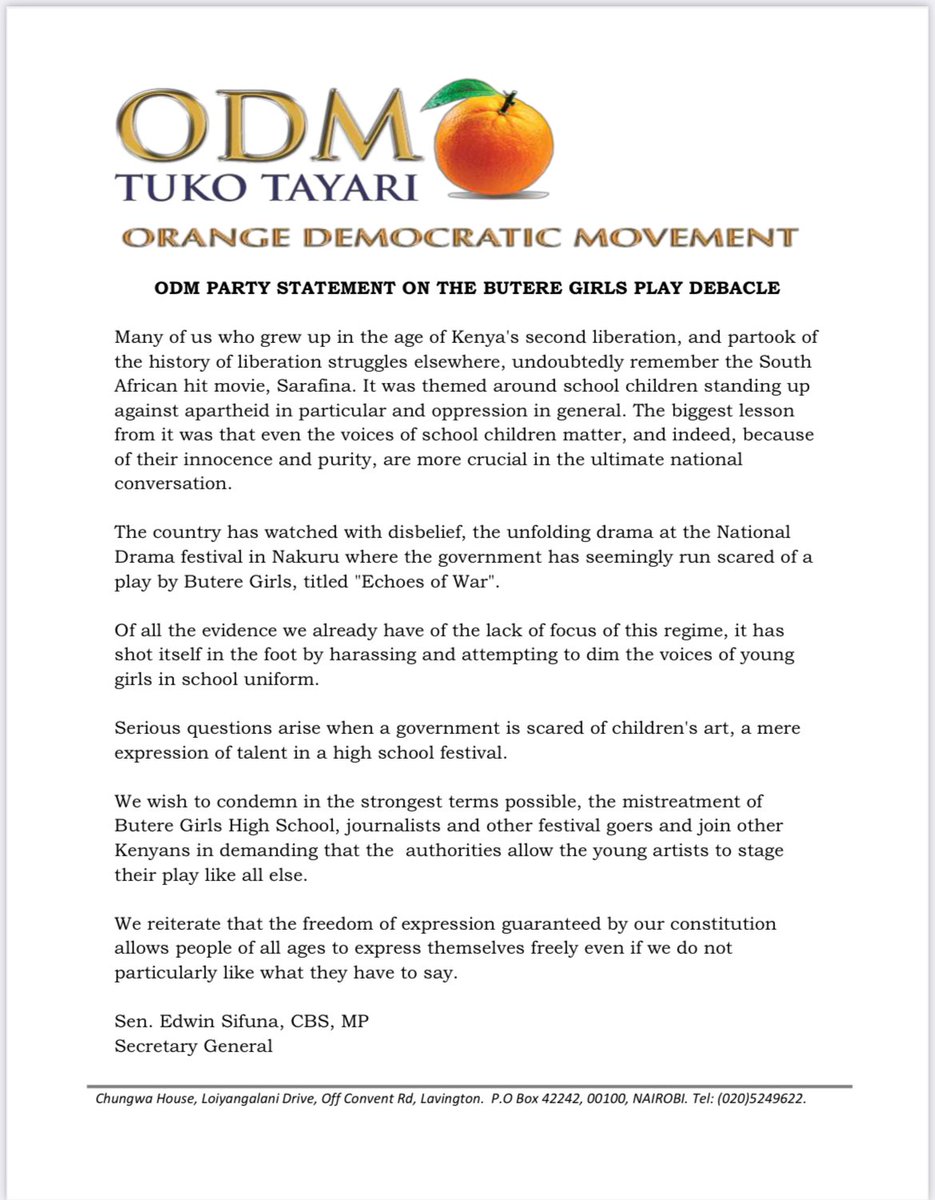 TheODMparty's tweet photo. Statement on play by Butere Girls High School at the ongoing National Drama Festival. https://t.co/oBRsTtEA9m
