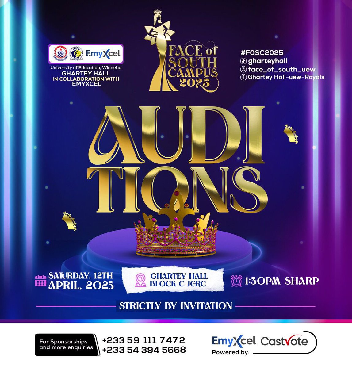Lights, glam, and the *crown await 🔥

Who will rise? Face of South Campus 2025 auditions happening on the 12th of April 2025 at Ghartey Hall, Block C.

Strictly by invitation.