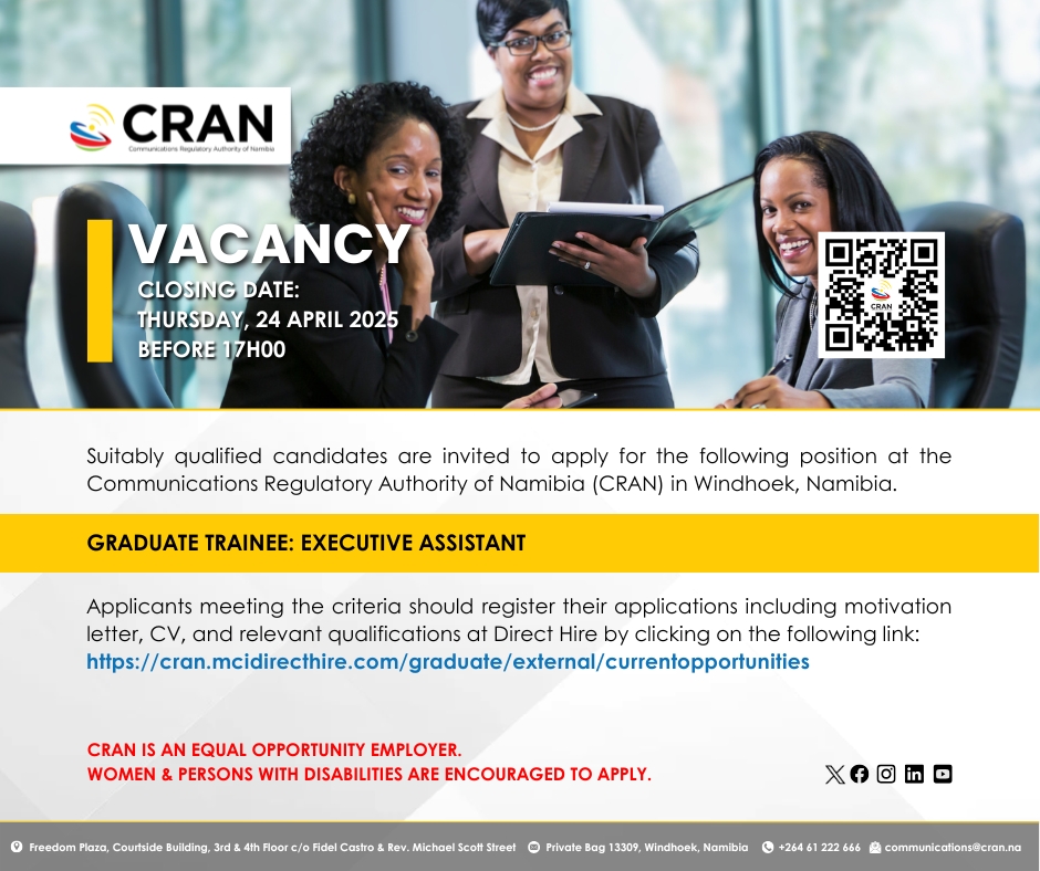 CRANamibia's tweet photo. 📢 Graduate Trainee: Executive Assistant position now open at CRAN.

Apply by 24 April 2025 (17H00) with your CV, motivation letter &amp; qualifications.

Women &amp; persons with disabilities are encouraged to apply.

Apply here: https://t.co/i9ZJUIEmLH

#NamibianJobs #CRANamibia https://t.co/1zDEVN6GIK