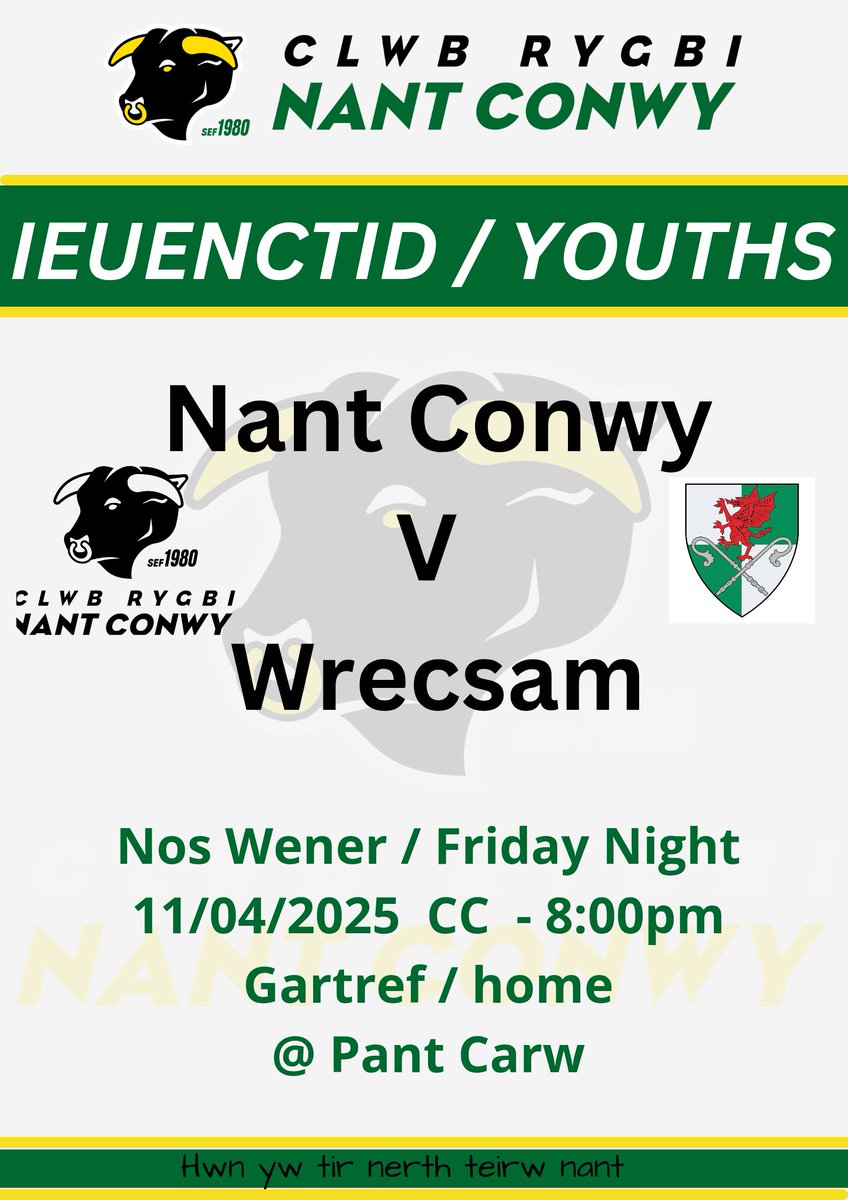 🌟 Gêm Gynghrair Ieuenctid yn erbyn Wrecsam🌟 

📍Pant Carw 

📅 11.04.25 

🕐 8:00 cc/ ko 

🌟Youths League Game against Wrexham🌟 

Dewch draw i Bant Carw nos Wener i gefnogi’r tîm Ieuenctid  wrth iddynt chwarae eu gêm ola’r tymor.