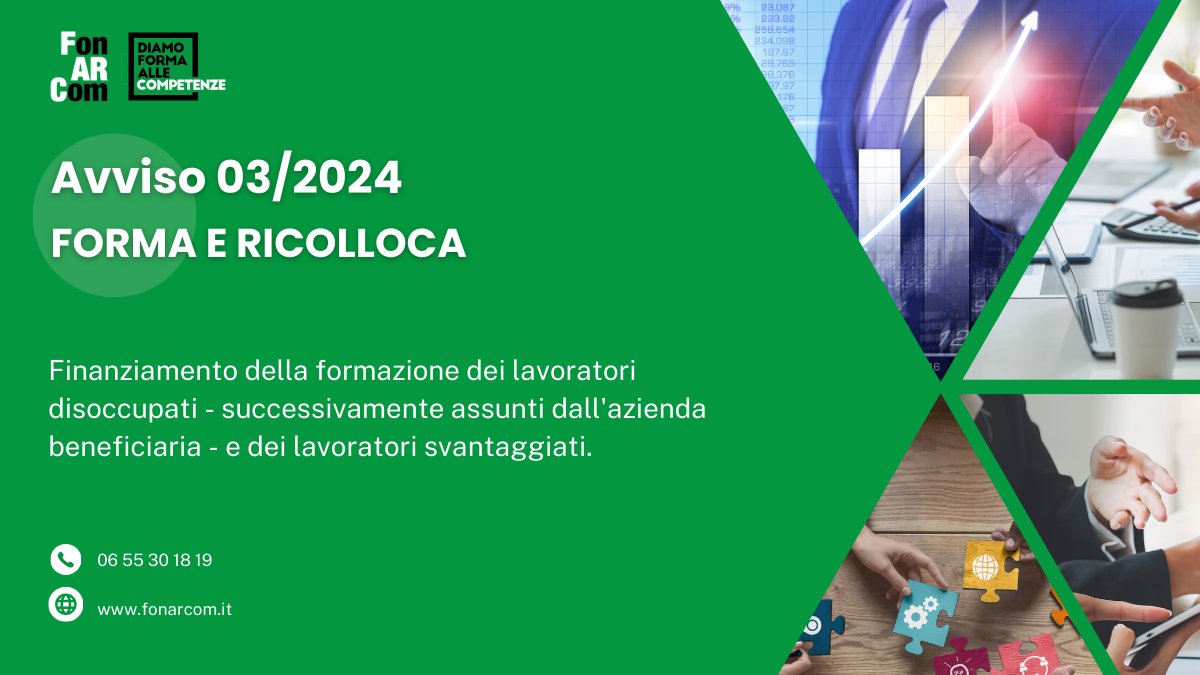 Con l'Avviso Forma e Ricolloca, che prevede uno stanziamento di 2 milioni di euro, #FonARCom investe nella formazione e ricollocazione dei lavoratori #disoccupati che devono essere assunti dall’azienda beneficiaria al massimo entro la chiusura del piano formativo.

#Formazione