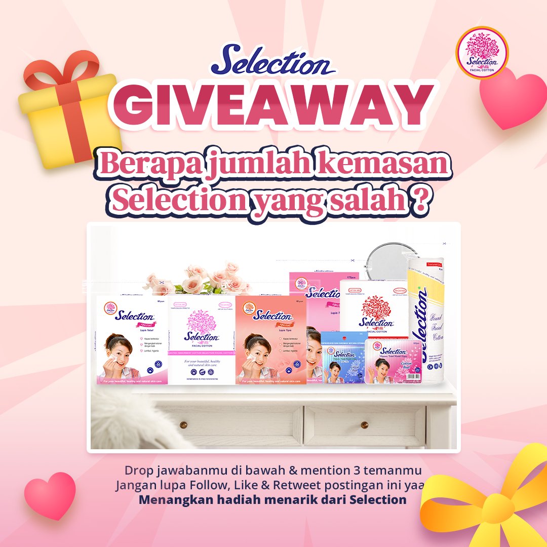 ✨ GIVEAWAY SELECTION ✨
Drop jawabanmu di bawah &amp; Mention 3 temanmu. Menangkan hadiah menarik dari Kapas Selection untuk 10 orang pemenang. Jangan lupa Follow, Like &amp; Retweet postingan ini yaa! 💕

#RoadToBetterYouWithSelection #BeBetterTogether #GiveawaySelection #GiveawayIndo