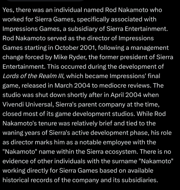 Now this is where it gets weird! 

A developer named Rod Nakamoto had also worked for Sierra Games!