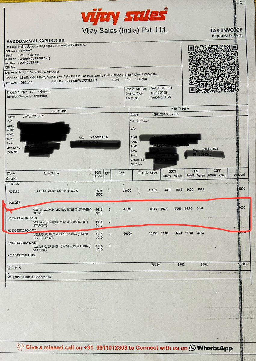 Atulpandeyiooa's tweet photo. @VijaySales Shocking misselling by Vijay Sales, Vadodara (Jetalpur store)! Sold me a Voltas AC for ₹1000 more than the official Voltas website price. Clear case of cheating. Check the attached photos for proof. @VijaySales – please explain! https://t.co/cxLUGkgqgv
