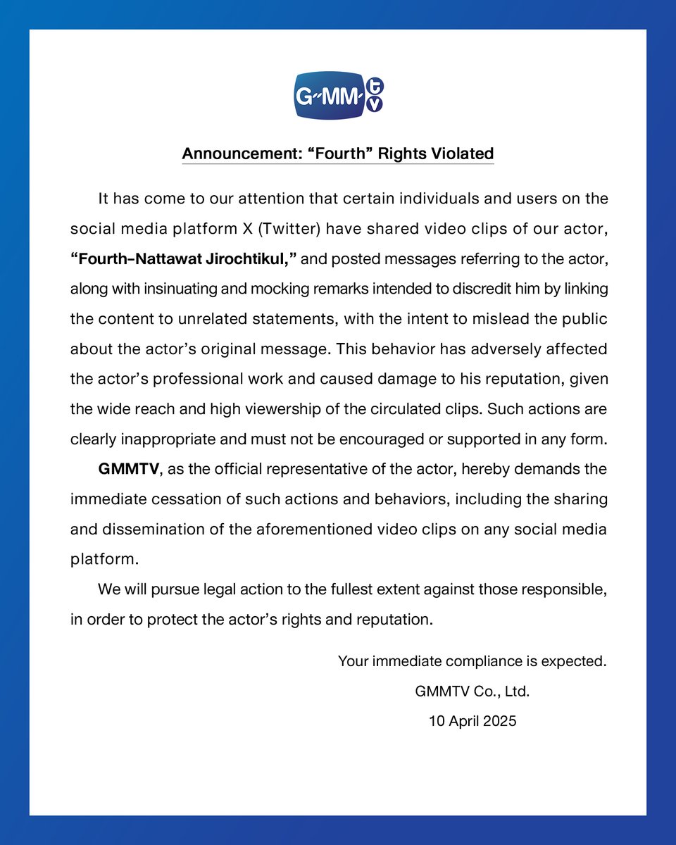 GMMTV's tweet photo. ประกาศ “โฟร์ท” ถูกละเมิดสิทธิ
Announcement: “Fourth” Rights Violated

#GMMTV https://t.co/1GuzxusLIv