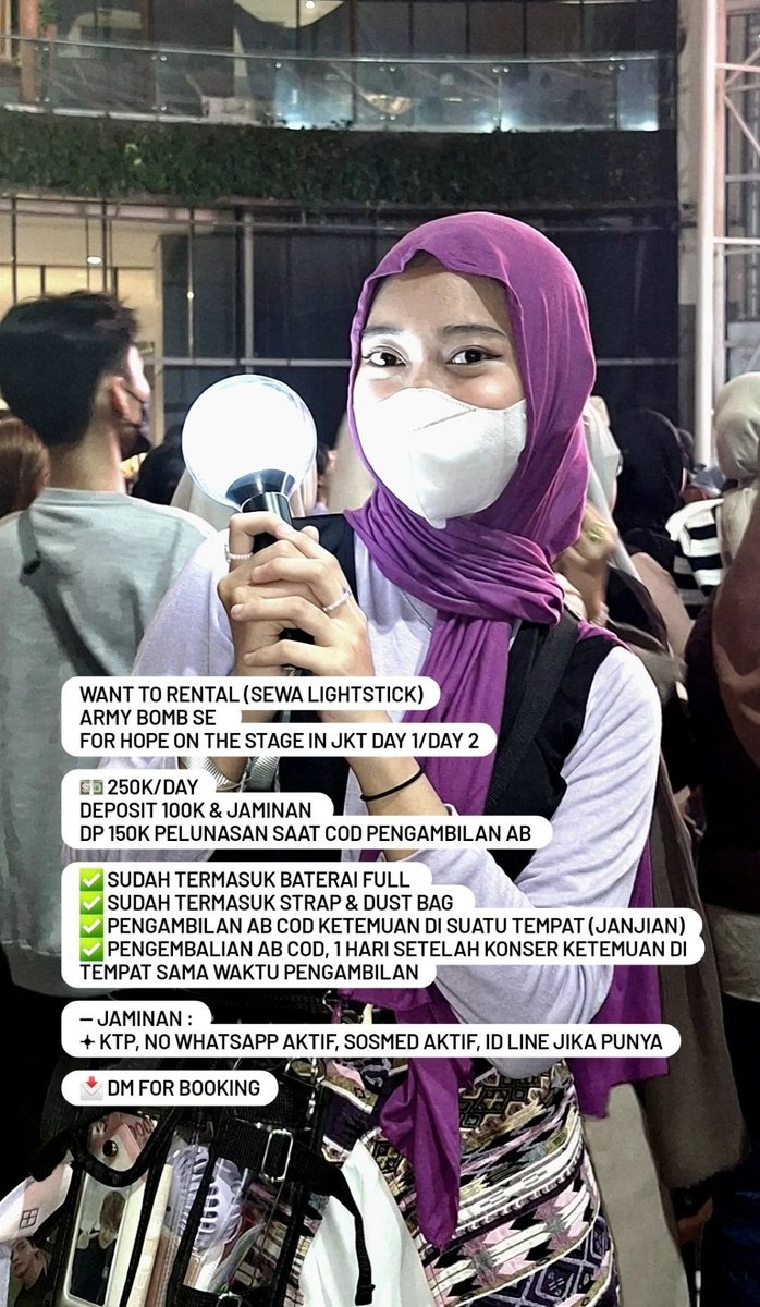 shwdna_'s tweet photo. WANT TO RENT (Sewa lightstick)
ARMY BOMB SE
for HOPE ON THE STAGE in Jkt day 1/day 2

💵 250k/day
Deposit 100k &amp; jaminan 
Dp 150k pelunasan saat cod ambil AB

– baca teks difoto untuk lebih jelasnya
📩 Dm for booking

#JHOPE #HOPE_ON_THE_STAGE_TOUR #HOPE_ON_THE_STAGE_JAKARTA #BTS https://t.co/cEFmJtip1c