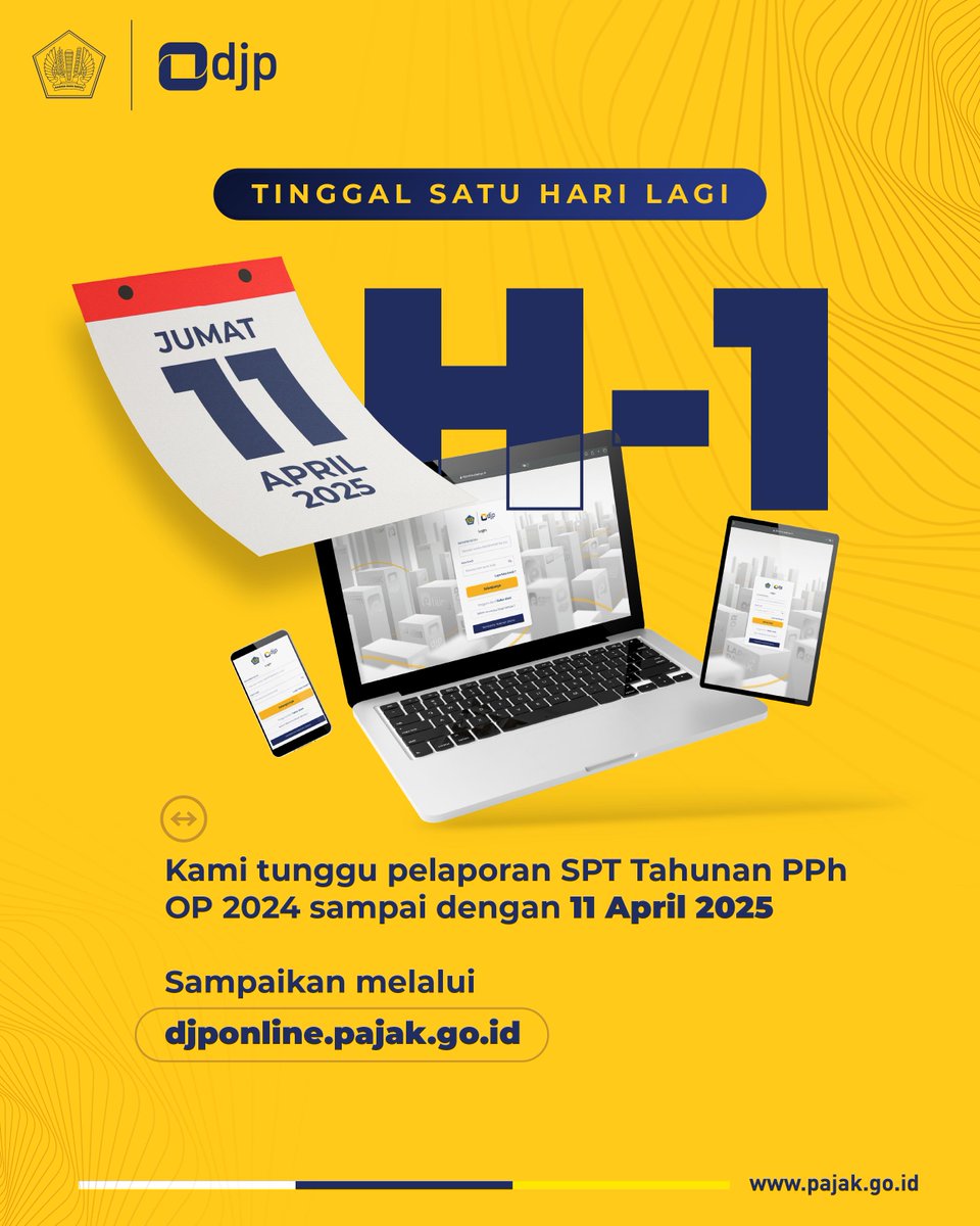 #KawanPajak Kami tunggu pelaporan SPT Tahunan PPh Orang Pribadi tahun pajak 2024, paling lambat tanggal 11 April 2025.

Lapor hari ini, lapornya di sini
djponline.pajak.go.id