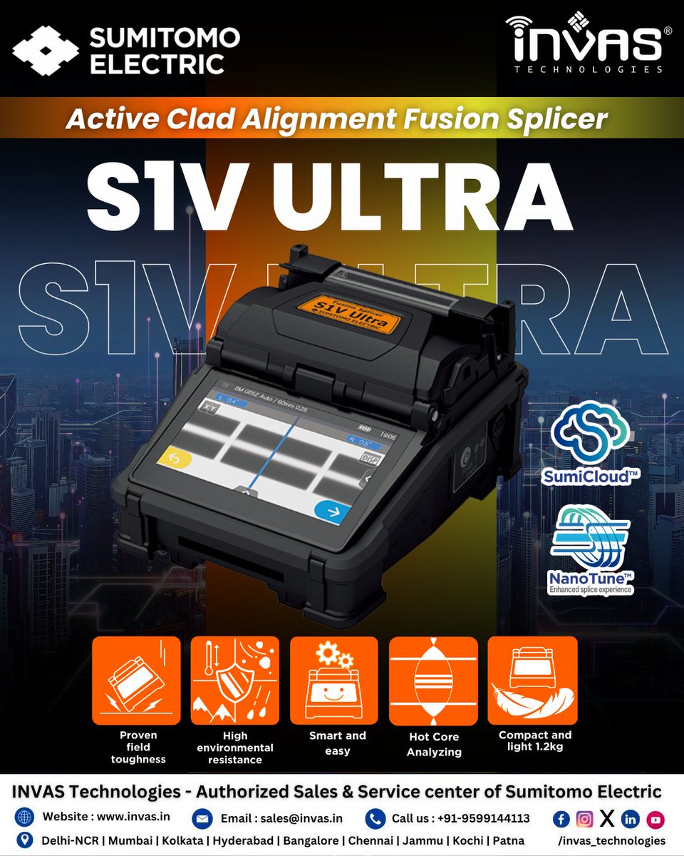 invastechnology's tweet image. 𝗦𝘂𝗺𝗶𝘁𝗼𝗺𝗼 𝗘𝗹𝗲𝗰𝘁𝗿𝗶𝗰: S1V Ultra | Active Clad Alignment Fusion Splicer

#splicingmachine #fibersplicingmachine #fusionsplicer #fibersplicer #data #lowvoltage #fiberoptic #fiber #structuredcabling #fiberoptics #cabling #internet #networking #otdr #splicer #cable