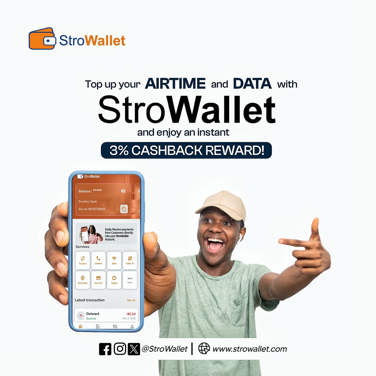StroWallet's tweet photo. Top up your airtime and data with StroWallet and enjoy an instant 3% cashback reward! #fintech https://t.co/qzSKBIxrqa