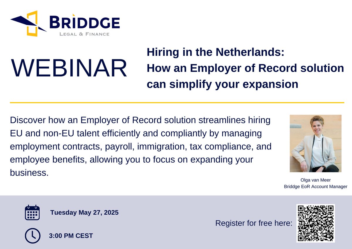 Expanding to the Netherlands? Learn how to hire EU &amp; non-EU talent fast with an #EmployerOfRecord (#EoR).

Join our free webinar on May 27 at 3PM CET.

Register now briddge.webinargeek.com/hiring-in-the-….

#EuropeanExpansion #webinarinvite #Netherlands #EORServices #payrolling