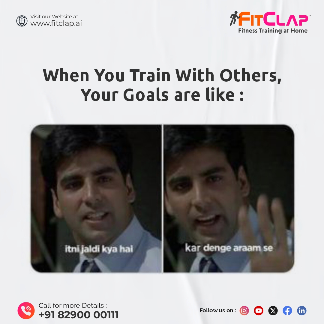 fitclap's tweet photo. When you train with others:
🗣️ "Itni jaldi kya hai... kar denge aaram se!" 😌

But when you train with FitClap 👊
🚀 Your goals become fast, focused, and fully achievable! 💯

🏋️‍♀️ Train smart. Train with FitClap.

#FitClap #FitnessTrainingAtHome #FitnessGoals 💪 https://t.co/hAE0wpLe4s