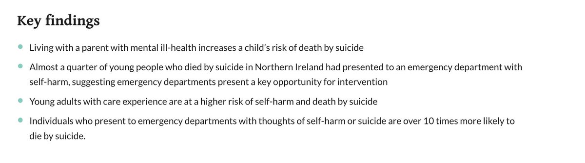 SiobhĆ”n O'Neill (she/her) (@profsiobhanon) on Twitter photo š§µREALLY important data & evidence on suicide in NI frm <a href="/Aideen_QUB/">Dr Aideen Maguire</a> & co @ADR_UK š½š½š½
3 messages for prevention policy:
1. Tackle (parental) mental illness (early intervention & treatment)
2. Crisis presentations (in ED & alternatives)
3. Support care experienced young people š§µREALLY important data & evidence on suicide in NI frm <a href="/Aideen_QUB/">Dr Aideen Maguire</a> & co @ADR_UK š½š½š½
3 messages for prevention policy:
1. Tackle (parental) mental illness (early intervention & treatment)
2. Crisis presentations (in ED & alternatives)
3. Support care experienced young people