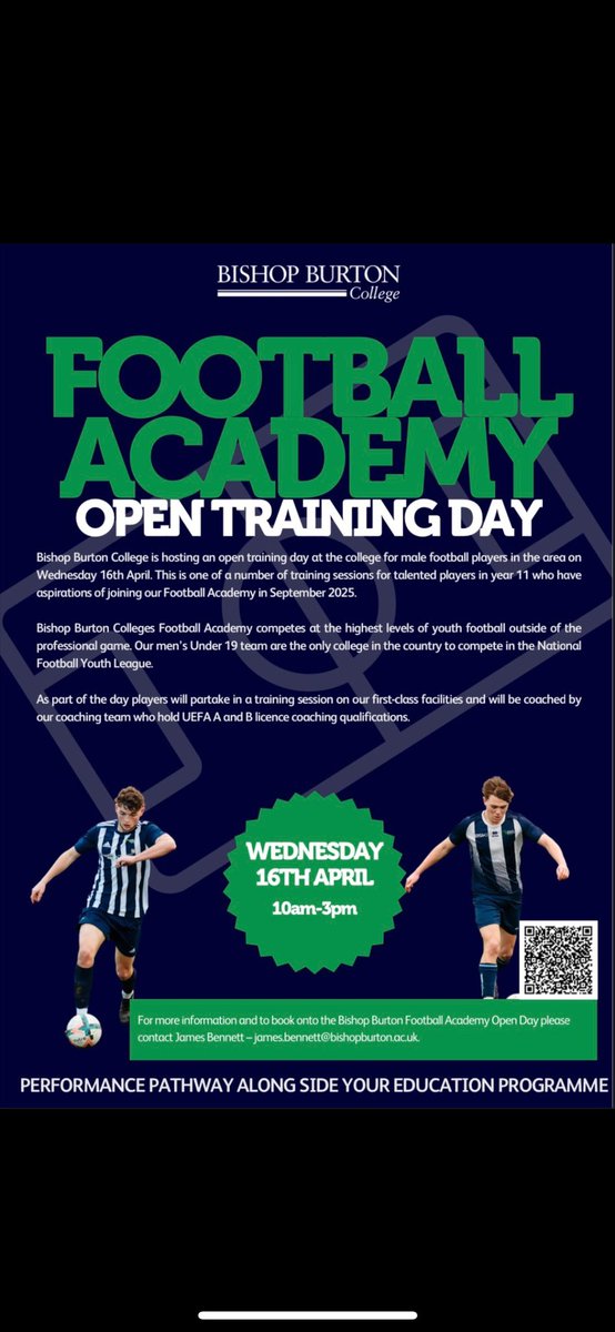 Still time to book on for next Wednesday 16th - if you are in year 11 and are a talented player that has been released from a professional club or you are performing well at grassroots level please book on using the QR code ⚽️