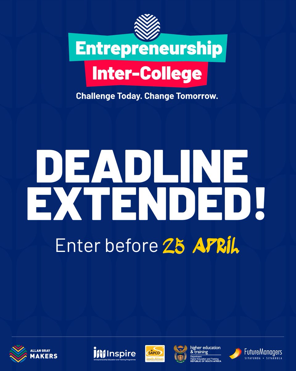 Great news, TVETpreneurs!

We've extended the deadline for entries to the 2025 Entrepreneurship Inter-College Competition to 25 April 2025.

Submit your entry now before its too late:co.pulse.ly/7xfqe7gbni

#InterCollege2025 #AGM #TVETCollege