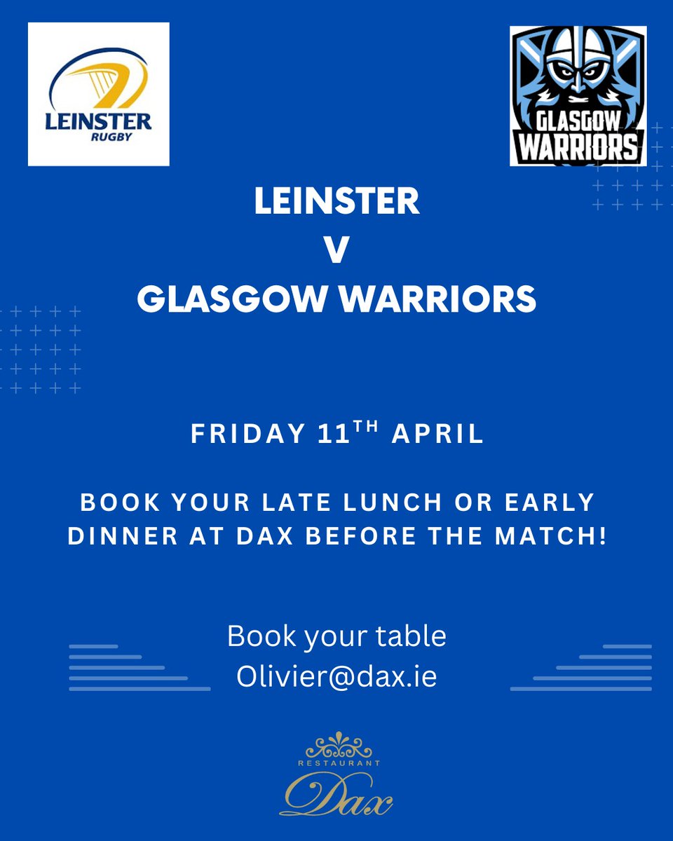 DaxRestaurant (@daxrestaurant) on Twitter photo Heading to <a href="/leinsterrugby/">Leinster Rugby</a> v <a href="/GlasgowWarriors/">Glasgow Warriors</a> tomorrow? We have a few tables available for a late lunch or early dinner! Email olivier@dax.ie to book! #leinsterrugby Heading to <a href="/leinsterrugby/">Leinster Rugby</a> v <a href="/GlasgowWarriors/">Glasgow Warriors</a> tomorrow? We have a few tables available for a late lunch or early dinner! Email olivier@dax.ie to book! #leinsterrugby