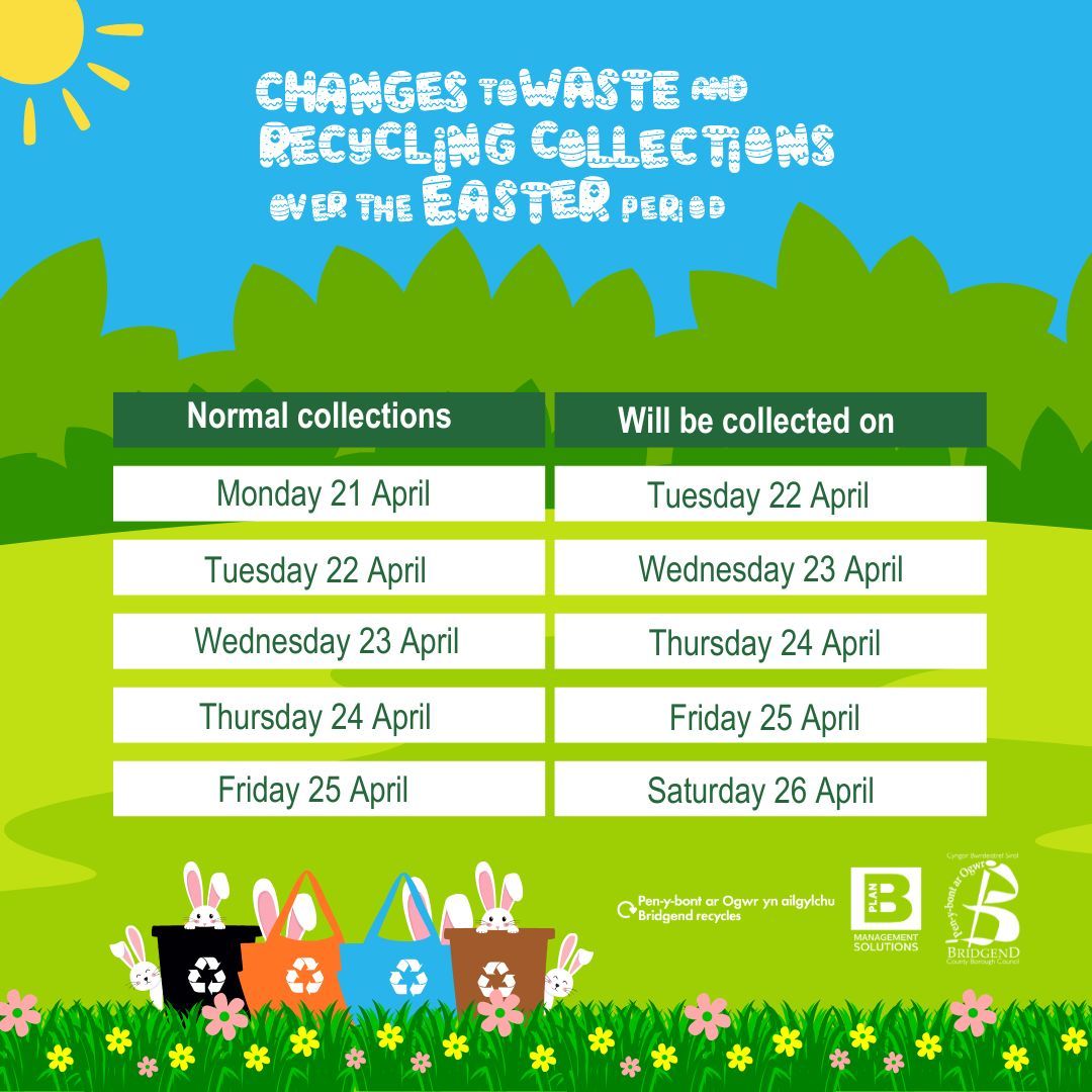 BridgendCBC's tweet photo. ♻️ Changes to collections over the #Easter period 🐰
✔️Collections will go ahead as usual on Good Friday 18 April
❌There will be no collections on Monday 21 April
Collections will take place ONE day later, from Tuesday 22 April - Saturday 26 April
🔗 https://t.co/vCbtLuOtjX https://t.co/QDf1K9oodT